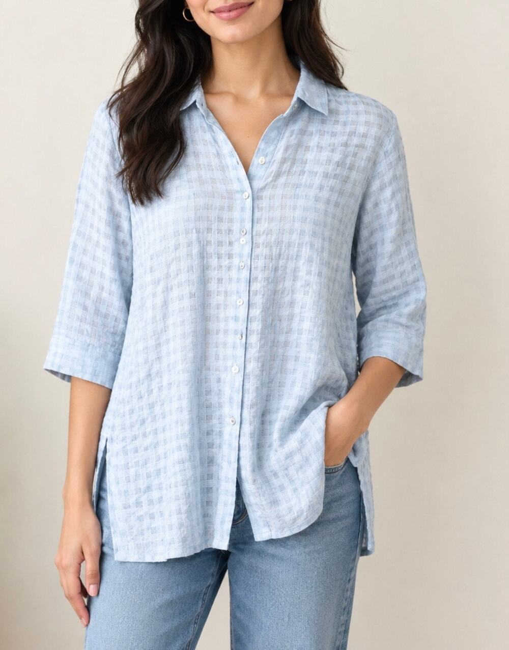 J. Jill Textured Plaid Shirt Tunic Petite Sz XS Textured Coastal Resort